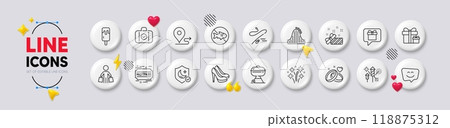Carry-on baggage, Fireworks and Guard line icons. White buttons 3d icons. Pack of Marriage rings, Surprise package, Shoes icon. Smile face, Fastpass, Grill pictogram. Vector 118875312