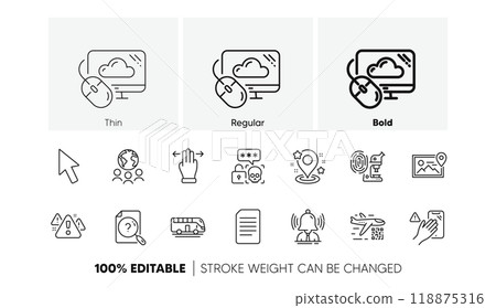 Cursor, Cloud computing and Multitasking gesture line icons. Pack of Warning, Global business, Bus tour icon. Brand, Document, Qr code pictogram. Dont touch, Fingerprint research, Cyber attack. Vector 118875316