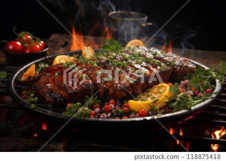 cooking meat with vegetables and herbs on fire, barbecue, flames and smoke, delicious food 118875418