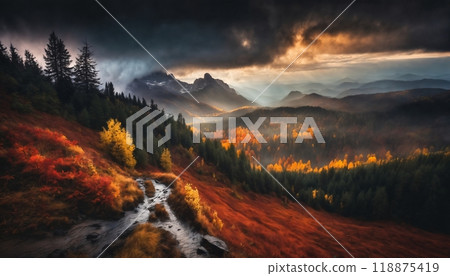 valley and forest in the autumn season, beautiful nature, rainy weather, cloudy 118875419