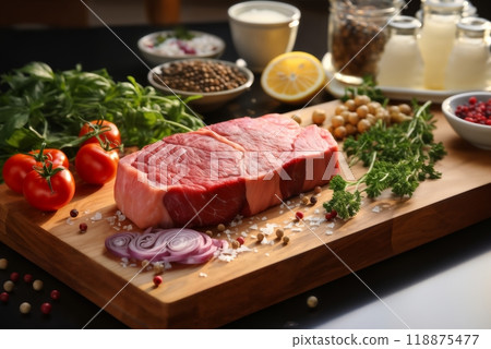 raw meat and vegetables and herbs on a wooden board, delicious food 118875477