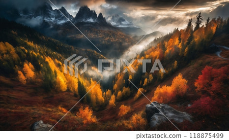 valley and forest in the autumn season, beautiful nature, rainy weather, cloudy 118875499