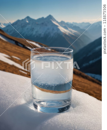 a glass filled with clean drinking water in the snow, against the background of a beautiful winter landscape, nature with mountains, fresh and cool 118875506
