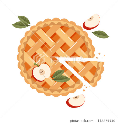 Baked sliced pie with apples. Traditional holiday food, dessert, sweet. Flat illustration Baked sliced pie with apples. Traditional holiday food, dessert, sweet. Flat illustration 118875530