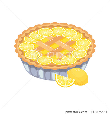 Baked lemon pie with lemon slices. Food, dessert, sweet. Flat illustration Baked lemon pie with lemon slices. Food, dessert, sweet. Flat illustration 118875531
