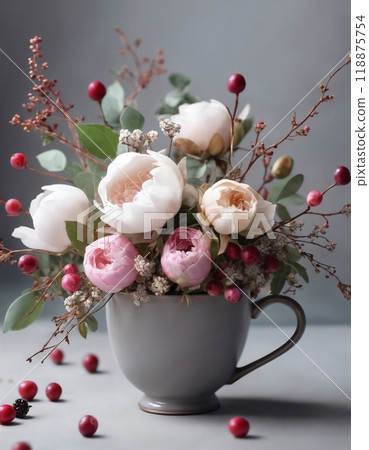 flower arrangement in a cup, soft pink roses, leaves and twigs 118875754