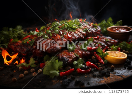 cooking meat with vegetables and herbs on fire, barbecue, flames and smoke, delicious food 118875755