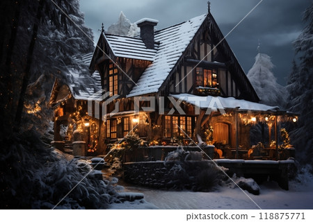 village street in winter season decorated for Christmas or New Year holiday, beautiful view of exteriors of houses , snow, sunset, street lights, festive environment 118875771