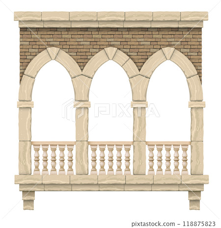 Gothic colonnade balcony facade with stone arches 118875823
