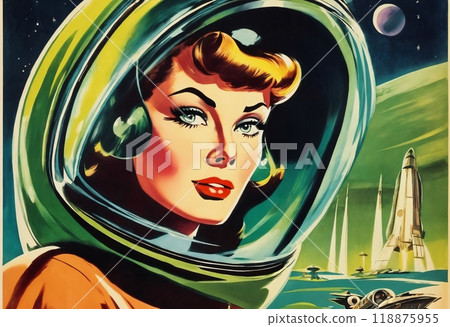 portrait of a beautiful woman on a background of space and spaceship, illustration in retro style 118875955