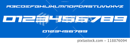 Geometric wide bold font, sharp angular numbers and letters, dynamic numbers, perfect for sports branding, jersey numbers, team merchandise. Vector typeset 118876094
