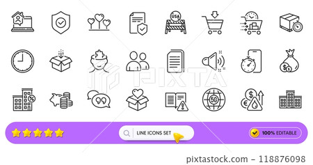 Usa close borders, Donation and Cash line icons for web app. Pack of Mental conundrum, Fuel price, Loud sound pictogram icons. Food delivery, Instruction manual, Time signs. Timer app. Vector Usa close borders, Donation and Cash line icons for web app. Pack of Mental conundrum, Fuel price, Loud sound pictogram icons. Food delivery, Instruction manual, Time signs. Timer app. Vector 118876098