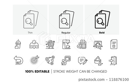 Inspect, Target purpose and Internet line icons. Pack of Reject file, Sun protection, Vegetables cart icon. Entrance, 360 degrees, Wallet pictogram. Night cream, Chat bubble, Coffee maker. Vector 118876100