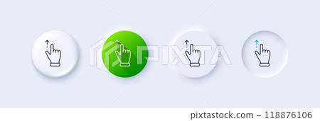 Touchscreen gesture line icon. Neumorphic, Green gradient, 3d pin buttons. Slide up arrow sign. Swipe action symbol. Line icons. Neumorphic buttons with outline signs. Vector Touchscreen gesture line icon. Neumorphic, Green gradient, 3d pin buttons. Slide up arrow sign. Swipe action symbol. Line icons. Neumorphic buttons with outline signs. Vector 118876106