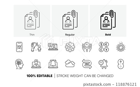 360 degree, Reminder and Settings gear line icons. Pack of Swipe up, Electronic thermometer, Telemedicine icon. Gear, Time management, Money currency pictogram. Stress. Line icons. Vector 118876121