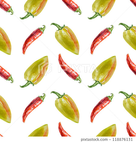 Peppers seamless pattern. Hand drawn watercolor illustration isolated on white. For wrapping paper, textile, covers, fabric, wallpaper, scrapbooking. 118876131