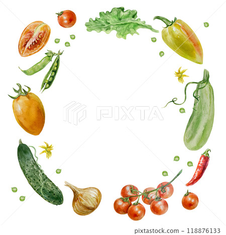 Vegetables wreath. Round frame of tomatoes, cucumber, zucchini, peppers, onions. Watercolor illustration isolated on white. Cards, invitations for Vegetarian and Harvest Day, labels, posters, covers. 118876133