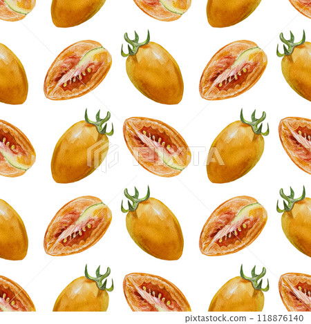 Tomatoes seamless pattern. Whole and halves. Hand drawn watercolor illustration isolated on white. For wrapping paper, textile, covers, fabric, wallpaper, scrapbooking. Tomatoes seamless pattern. Whole and halves. Hand drawn watercolor illustration isolated on white. For wrapping paper, textile, covers, fabric, wallpaper, scrapbooking. 118876140