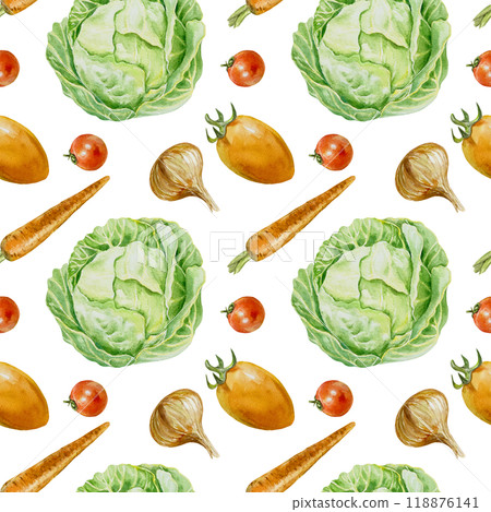 Vegetable seamless pattern. Cabbage, carrot, tomato, onion. Hand drawn watercolor illustration isolated on white. For wrapping paper, textile, covers, fabric, wallpaper, scrapbooking. 118876141