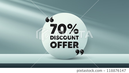 70 percent discount tag. Circle frame, product stage background. Sale offer price sign. Special offer symbol. Discount round frame message. Minimal design offer scene. 3d comma quotation. Vector 70 percent discount tag. Circle frame, product stage background. Sale offer price sign. Special offer symbol. Discount round frame message. Minimal design offer scene. 3d comma quotation. Vector 118876147