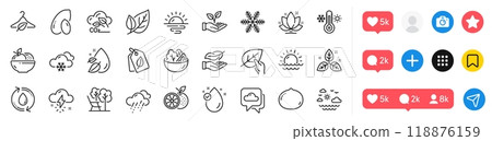 Orange, Slow fashion and Vitamin e line icons pack. Social media icons. Rainy weather, Refill water, Organic tested web icon. Peanut, Fair trade, Snow weather pictogram. Vector 118876159