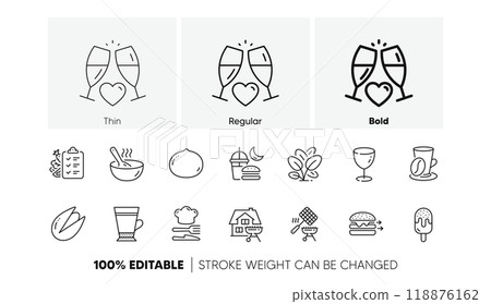 Cook, Home grill and Glass line icons. Pack of Food, Spinach, Food delivery icon. Night eat, Ice cream, Latte pictogram. Diet menu, Grill basket, Coffee cup. Wedding glasses. Line icons. Vector 118876162