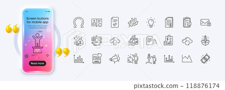 Cloud upload, Financial documents and Inspect line icons for web app. Phone mockup gradient screen. Pack of Consumption growth, Survey results, Cloud sync pictogram icons. Vector 118876174