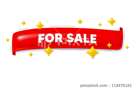 Red ribbon banner with 3d stars. For Sale. Special offer price sign. Advertising discounts symbol. For sale ribbon message. Flag frame banner with star. Label badge template. Vector 118876181