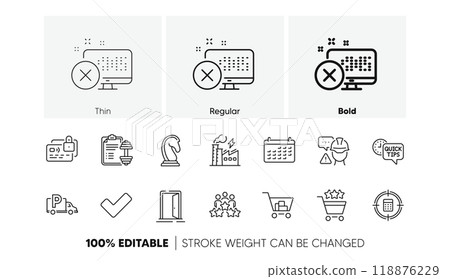 Open door, Internet shopping and Quick tips line icons. Pack of Builder warning, Calculator target, Card icon. Reject access, Dumbbell, Calendar pictogram. Shopping rating. Line icons. Vector 118876229