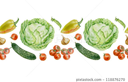 Vegetables seamless border, horizontal. Cabbage, cucumbers, tomatoes, onions, peas. Hand drawn watercolor illustration isolated on white. For wrapping paper, textile, covers, fabric, wallpaper. Vegetables seamless border, horizontal. Cabbage, cucumbers, tomatoes, onions, peas. Hand drawn watercolor illustration isolated on white. For wrapping paper, textile, covers, fabric, wallpaper. 118876270