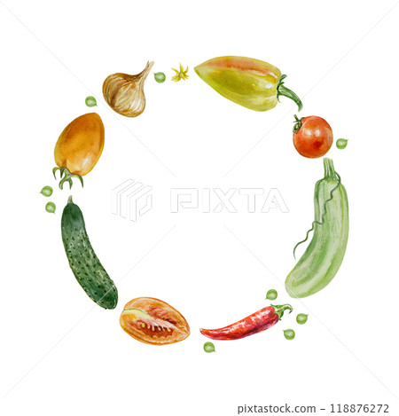 Vegetables wreath. Round frame of tomatoes, cucumber, zucchini, peppers, onions. Watercolor illustration isolated on white. Cards, invitations for Vegetarian and Harvest Day, labels, posters, covers. Vegetables wreath. Round frame of tomatoes, cucumber, zucchini, peppers, onions. Watercolor illustration isolated on white. Cards, invitations for Vegetarian and Harvest Day, labels, posters, covers. 118876272
