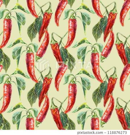 Red hot pepper seamless pattern. Pods and leaves. Hand drawn watercolor illustration. For wrapping paper, textile, covers, wallpaper, scrapbooking. 118876273