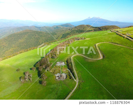 Aerial view of the autumn scenery of Shirotai Ranch in Nanae Town, Hokkaido 118876304