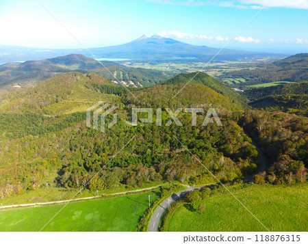Aerial view of the autumn scenery of Shirotai Ranch in Nanae Town, Hokkaido 118876315