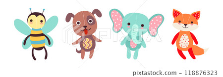 Sewed Stuffed or Fluffy Colorful Toys Vector Set 118876323