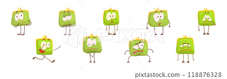 Cute Green Humanized Purse with Funny Face Vector Set Cute Green Humanized Purse with Funny Face Vector Set 118876328
