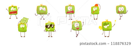 Cute Green Humanized Purse with Funny Face Vector Set 118876329