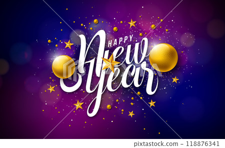 Happy New Year 2025 Illustration with White Typography Lettering and Golden Christmas Ball on Dark Background. Holiday Design with Falling Serpentine for Flyer, Banner, Greeting Card, Celebration 118876341