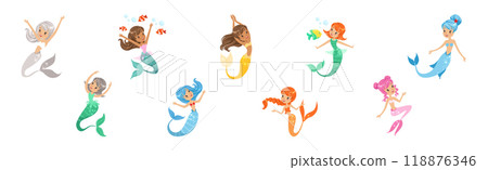 Cute Girl Mermaid Character with Female Body and Fish Tail Vector Set 118876346