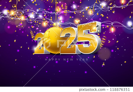 2025 Happy New Year Illustration with 3d Number, Gold Christmas Ball and Light Garland on Falling Confetti Background. Holiday Design with Typography Lettering for Flyer, Greeting Card, Banner 118876351