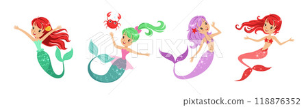 Cute Girl Mermaid Character with Female Body and Fish Tail Vector Set 118876352