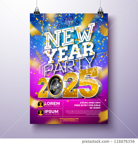 Happy New Year 2025 Party Celebration Poster Template Illustration with Golden 3d Typography Lettering and Speaker on Falling Confetti Background. Vector New Year Eve Holiday Flyer Design. Premium 118876356