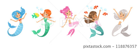 Cute Girl Mermaid Character with Female Body and Fish Tail Vector Set 118876357