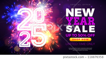 Happy New Year Sale 2025 Design with 3d Typography Lettering and Gold Christmas Ball on Red Background. Holiday Special Offer Campaign Discount Illustration for Coupon, Voucher, Banner, Flyer 118876358