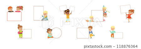 Cute Kids with Blank Paper Banner and Plaque Vector Set Cute Kids with Blank Paper Banner and Plaque Vector Set 118876364