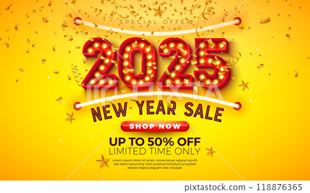 Happy New Year Sale 2025 Design with 3d Glowing Neon Light Bulb Billboard Typography Lettering and Falling Confetti on Yellow Background. Holiday Special Offer Campaign Discount Illustration for 118876365