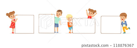 Cute Kids with Blank Paper Banner and Plaque Vector Set Cute Kids with Blank Paper Banner and Plaque Vector Set 118876367
