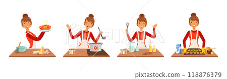 Woman Character Cooking at Home Enjoy Culinary Process Vector Set Woman Character Cooking at Home Enjoy Culinary Process Vector Set 118876379