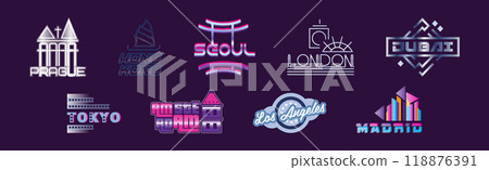 Capital City Label and Logo on Purple Background Vector Set 118876391
