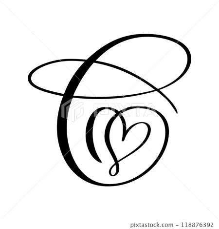 Script capital font logo calligraphy love letter C initial. Hand drawn vector brush style flourish. Vintage heart monogram. Valentine flourish element. Sign for page decoration design illustration 118876392
